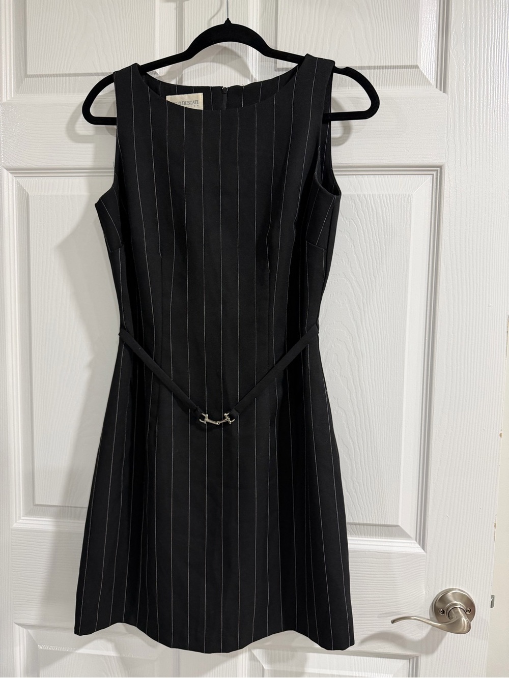 Hugo Buscati Black Pinstripe Sleeveless Belted Dress